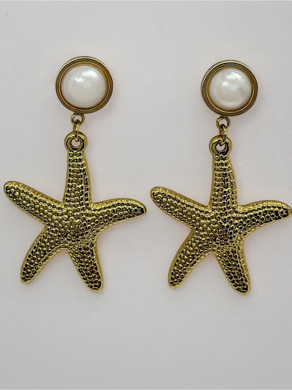 Gold Starfish Pearl Drop Earrings Coastal Beach Jewelry